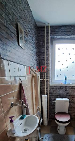 A toilet with a sink and decoration in a family house with brick cladding.