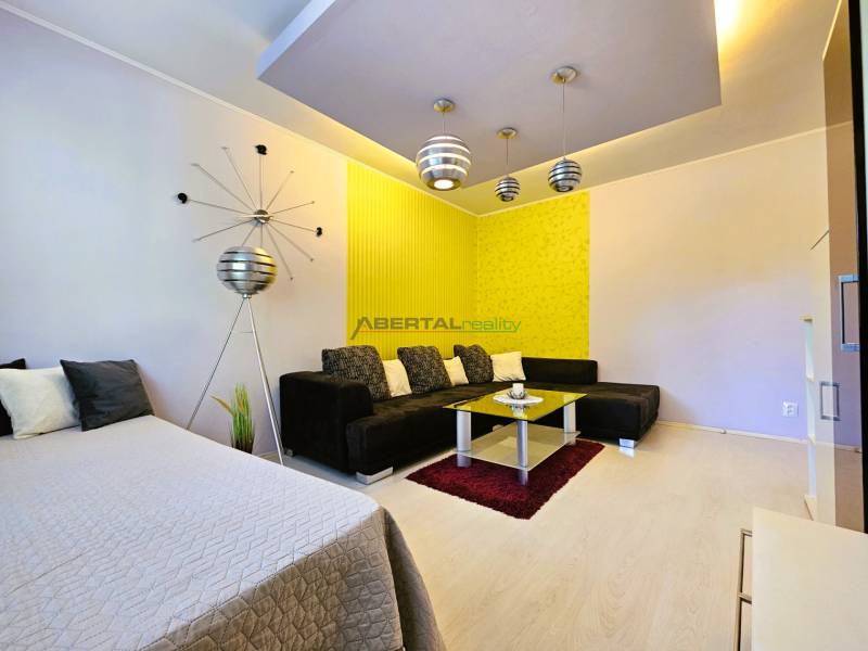 Living room in a 2-room apartment with a sofa, decorative wall, and modern lights.