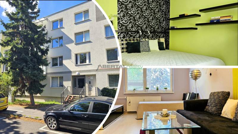 A view of a 2-room apartment with an exterior and interior including a living room and a bedroom.
