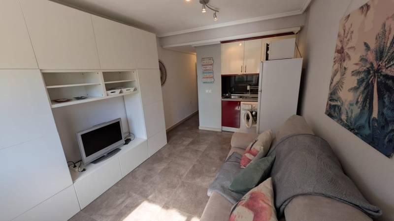 Studio apartment with a sofa, television, and kitchenette with a washing machine.
