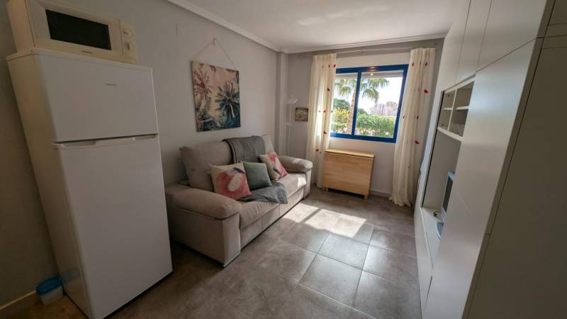 Studio apartment with a sofa, refrigerator, microwave, and a window with a view of trees.