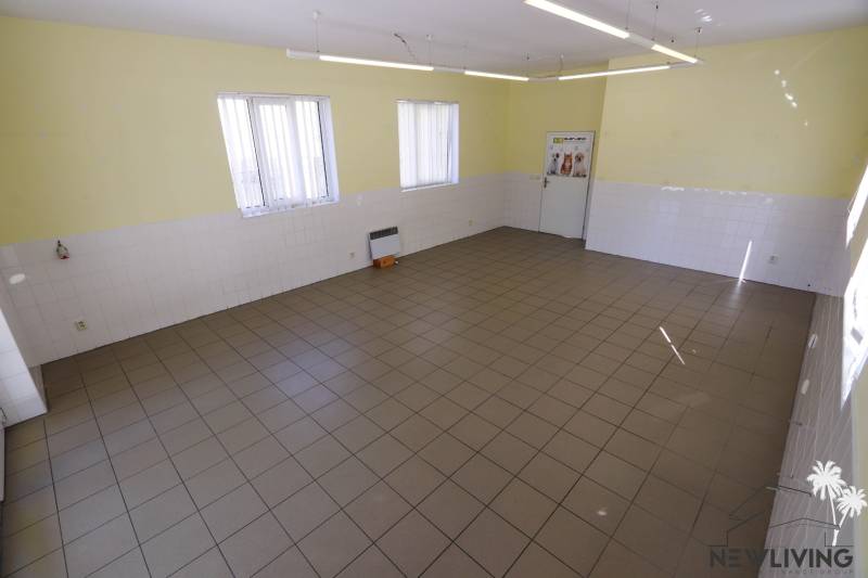 Commercial premises with tiles, light walls, and windows, suitable for business.