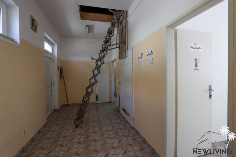Interior of commercial premises with a ladder leading to the attic and an office on the right.
