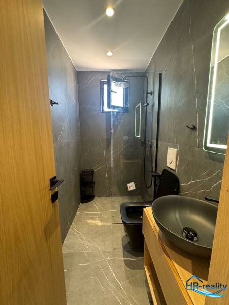 Bathroom in a holiday apartment with a shower, modern sink, and dark toilet for comfort.