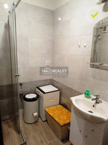 Bathroom with a sink, shower, and washing machine in a 2-room apartment.