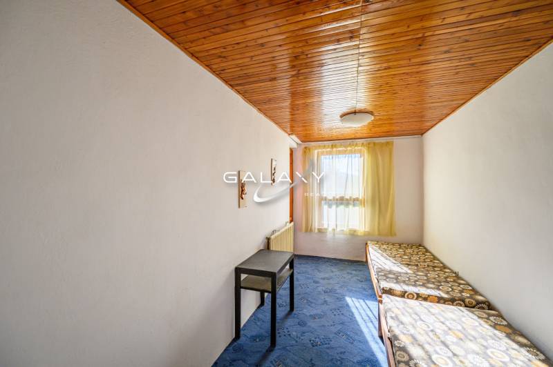 A room in a cabin with a wooden ceiling, a table, and beds, sunlight, and a carpet.