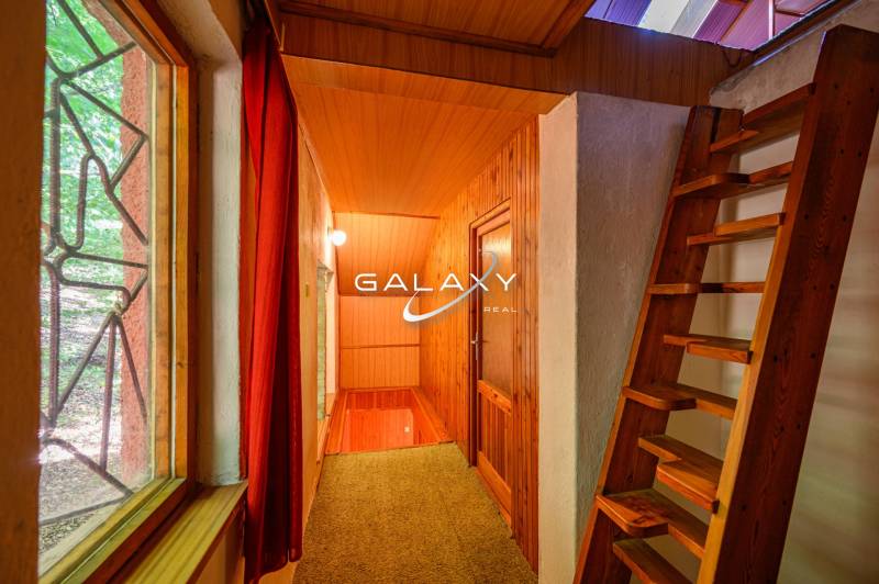 Interior of a cabin with stairs, wooden paneling, and a view through the window.