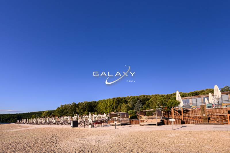 A beach with sunbeds and umbrellas surrounded by a forest and a clear sky.