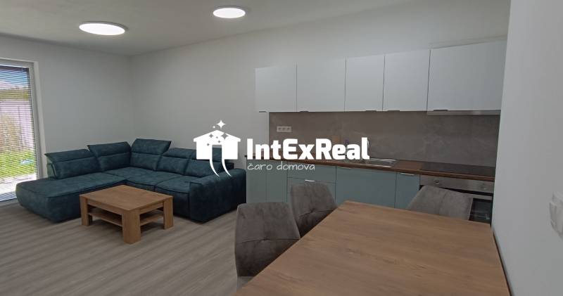 Living room with a kitchenette, sofa, and wooden furniture in a 2-room apartment.