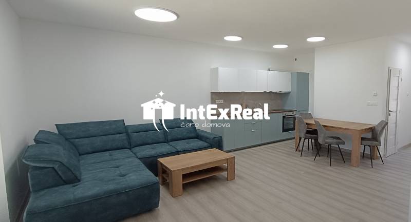 The living room with a kitchen includes a comfortable sofa, a wooden table, and a kitchen unit.