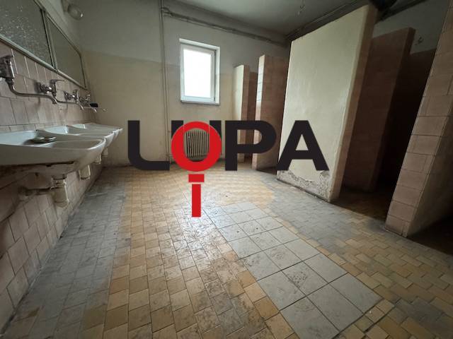 Interior of a building with sinks and toilets.