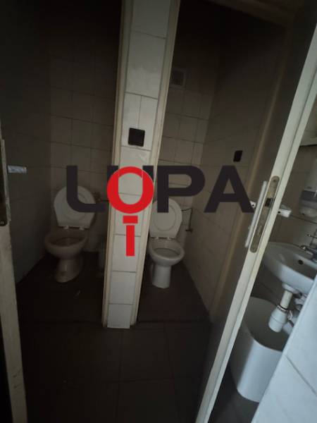 Interior of the building: two separate toilets with a sink.