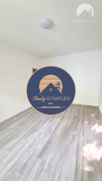 Empty room with laminate flooring in a 2-room apartment, neutral walls, and a ceiling light.