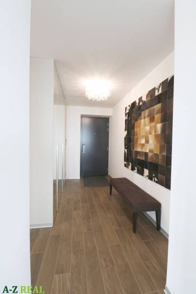 A hallway in a 3-room apartment with a wood-patterned floor and elegant lighting.