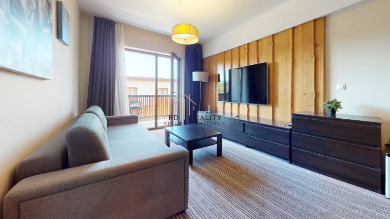 Living room in a two-room apartment with a sofa, television, and access to the balcony.