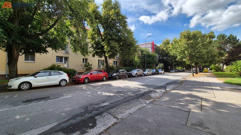Pod Párovcami Street in Piešťany with cars parked in front of a 3-room apartment in the shade of trees.
