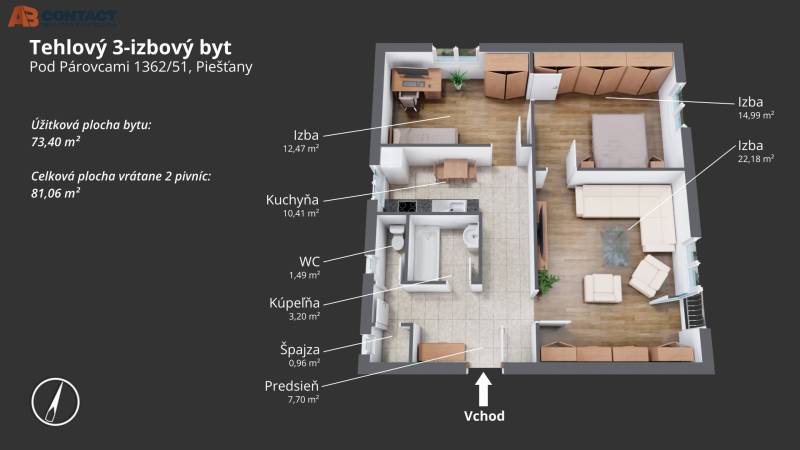 Floor plan of a brick 3-room apartment with dimensions of the rooms and other areas.