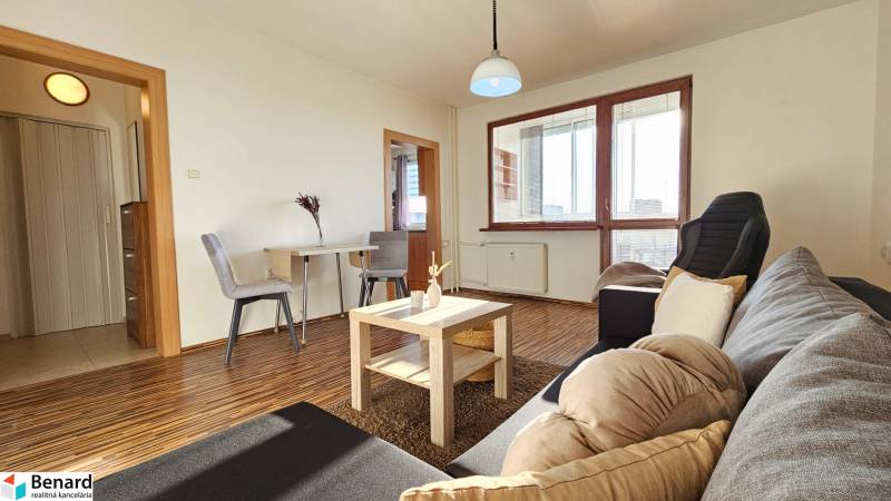 Living room in a one-bedroom apartment with a comfortable sofa, armchair, and table for relaxation.