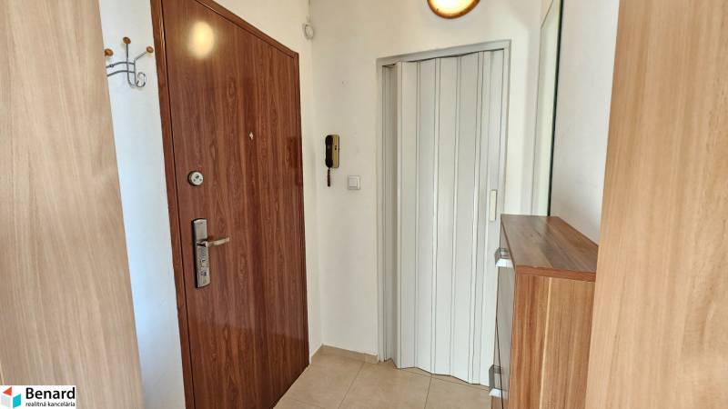 Entrance hall of a one-room apartment with wooden doors, a mirrored wardrobe, and bright lighting.