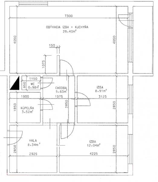 Floor plan of a 3-room apartment with a kitchen, two rooms, and a bathroom.