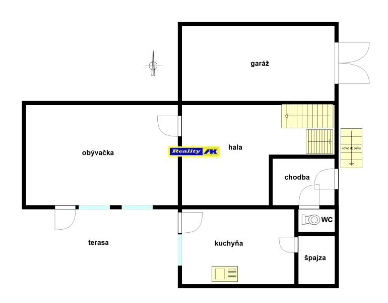 Floor plan of a family house with a garage, living room, terrace, kitchen, hallway, and toilet.