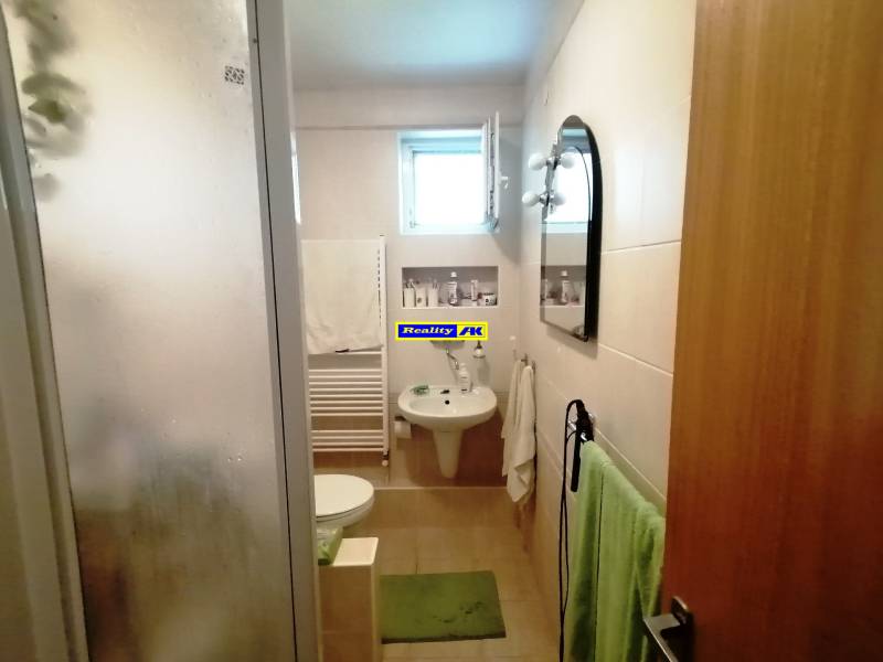 A bathroom in a family house with a sink, shower, and small window.