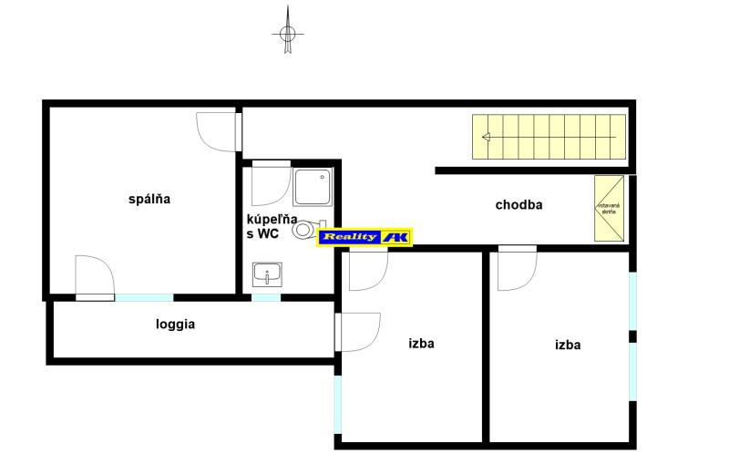 Floor plan of a family house with a living room, bedroom, bathroom with toilet, and a loggia.