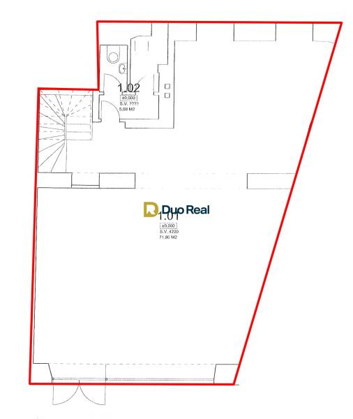 Floor plan of commercial premises with a toilet, area of 71.80 m², in Bratislava - Old Town.