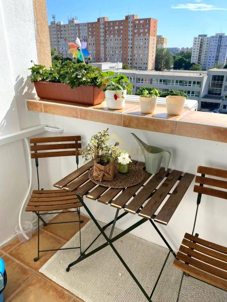 A balcony in a 3-room apartment with plants, a table, and a view of Belinského Street in Petržalka.