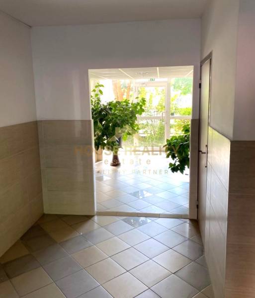 An entrance hallway with tiles and plants leads to the exit of a 3-room apartment.