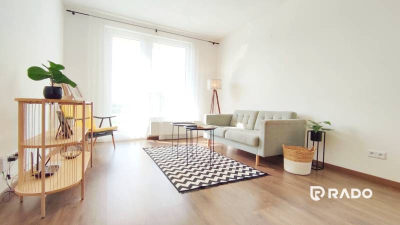 Bright living space with a sofa and an armchair in a 2-room apartment.