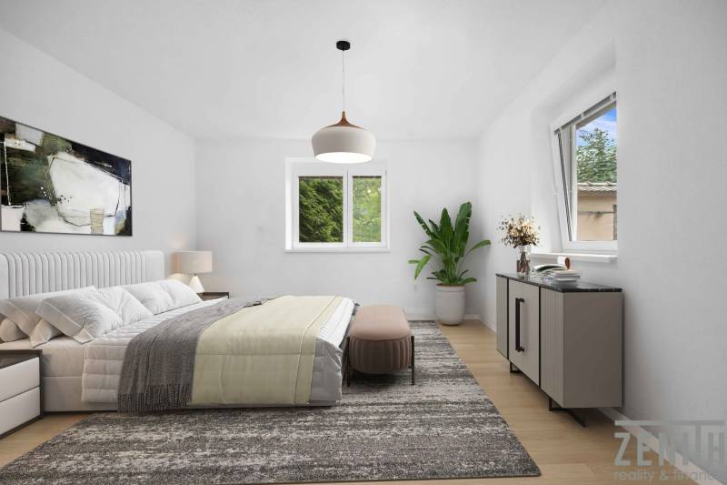 Bedroom in a family house with a bed, dresser, and plant on a light carpet.