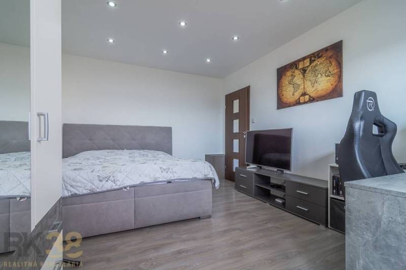 Bedroom in a 3-room apartment with a bed, television, and a map on the wall.