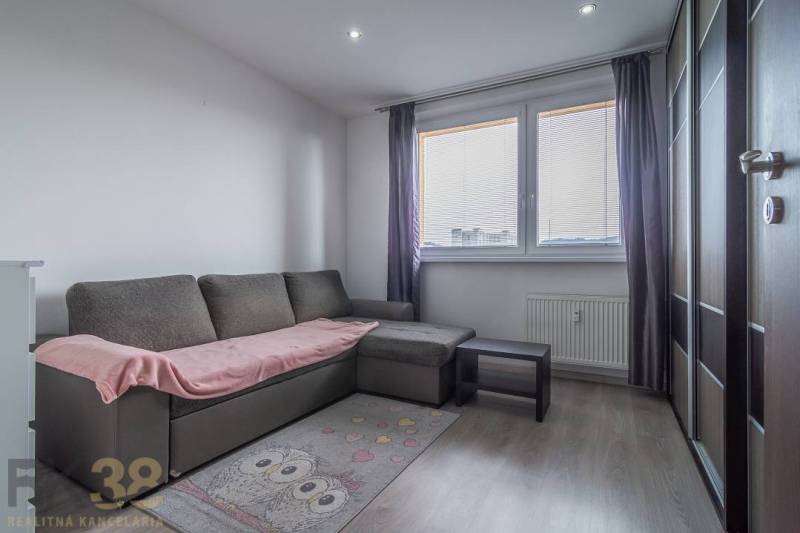 Living room in a 3-room apartment with a sofa, carpet, and wardrobe.