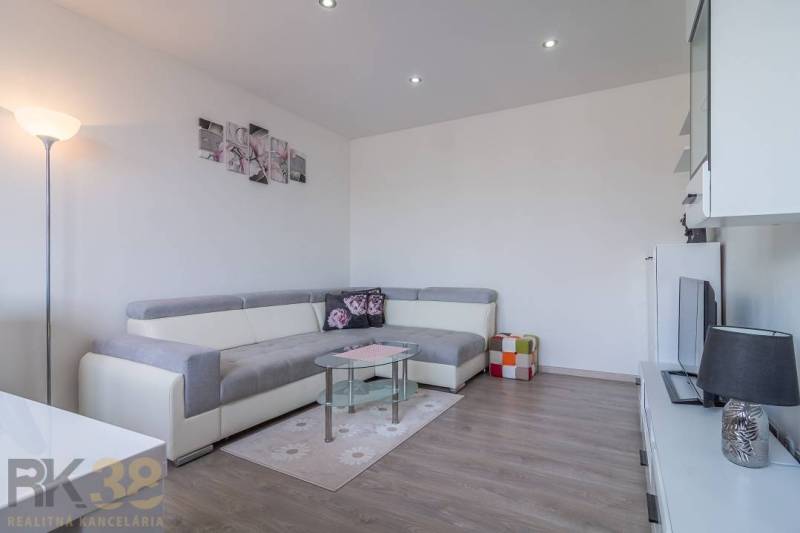 Living room in a 3-room apartment with a sofa, TV stand, and decorations.