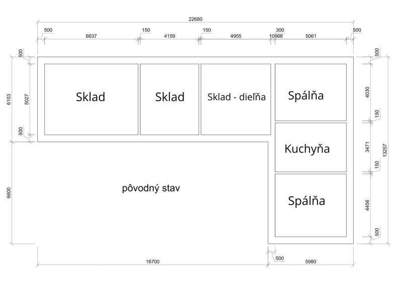 Floor plan of a family house with rooms: storage, workshop, bedrooms, kitchen.
