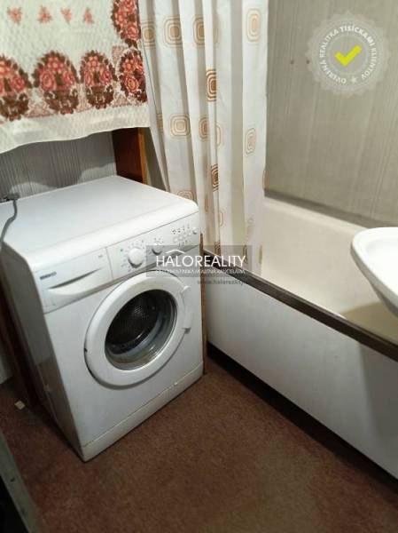 Bathroom in a studio apartment with a washing machine, bathtub, and carpet.