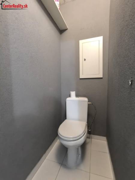 Gray bathroom with a toilet and a shelf in a 3-room apartment.