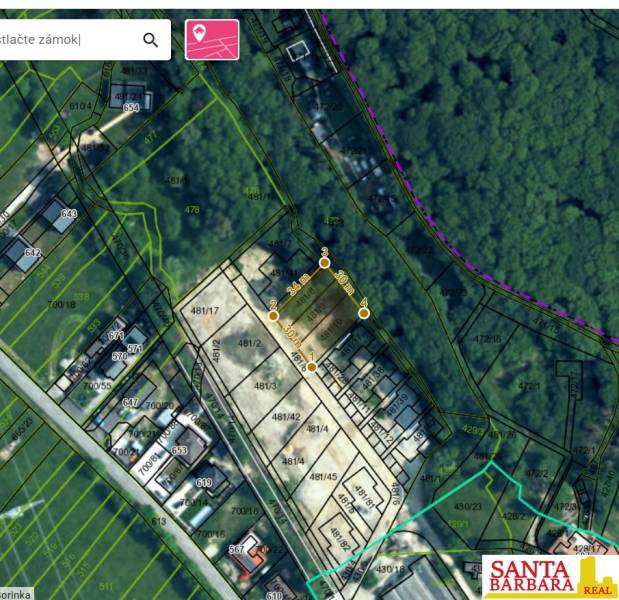 Map of residential plots in Borinka, including dimensions and plot description.