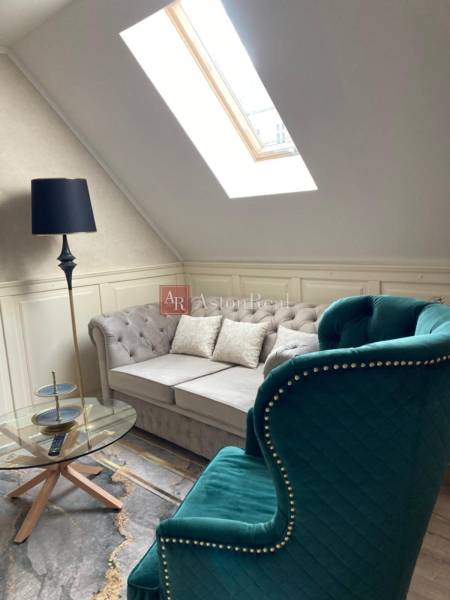 Living room in a 2-room apartment with a sofa, an armchair, and a skylight.