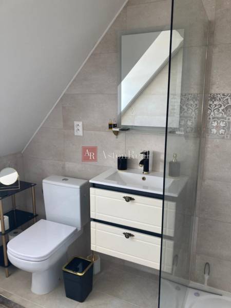 Bathroom in a 2-room apartment with a sink, toilet, and shower.