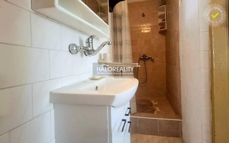 Bathroom with a sink and a shower in a family house.