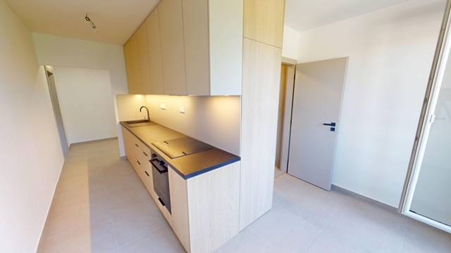 A kitchen in a 2-room apartment with wooden cabinets, a black countertop, and a sink.
