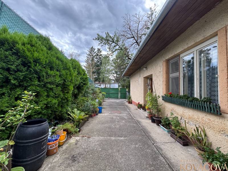 A family house in Ilava with window flowers, an adjacent garden, and a concrete courtyard.