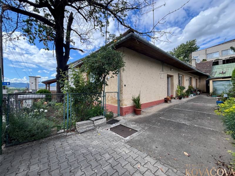 The exterior of a family house in Ilava with a flower garden and a paved access road.
