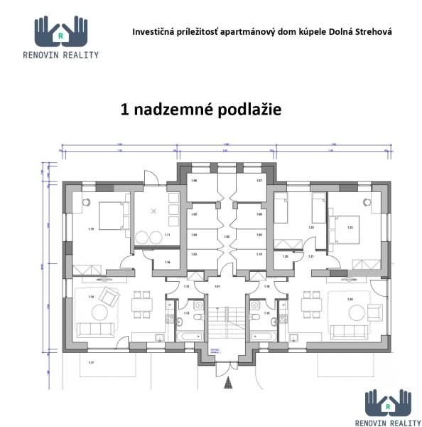 Ground floor plan of an apartment building for hotels and guesthouses.