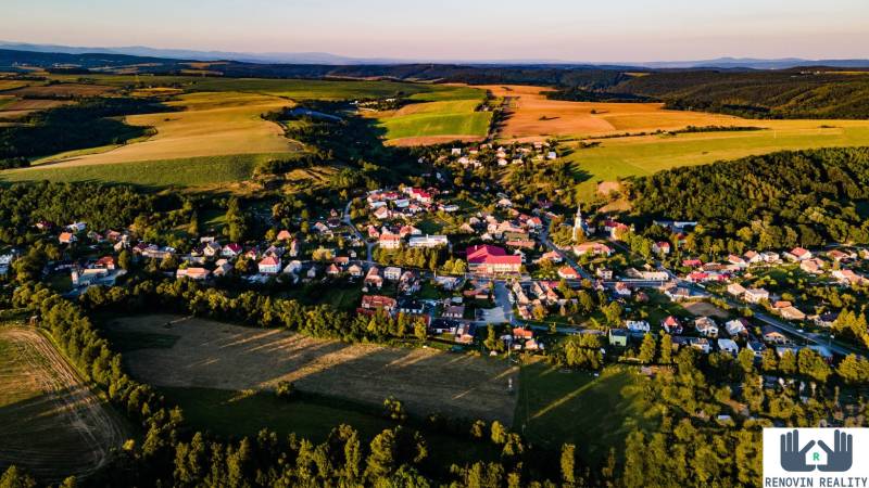 Aerial view of the village Dolná Strehová surrounded by nature and fields.