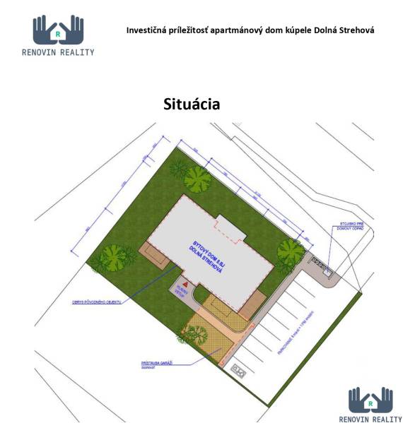 Floor plan of an apartment building, indicating parking spaces and greenery, in Dolná Strehová.