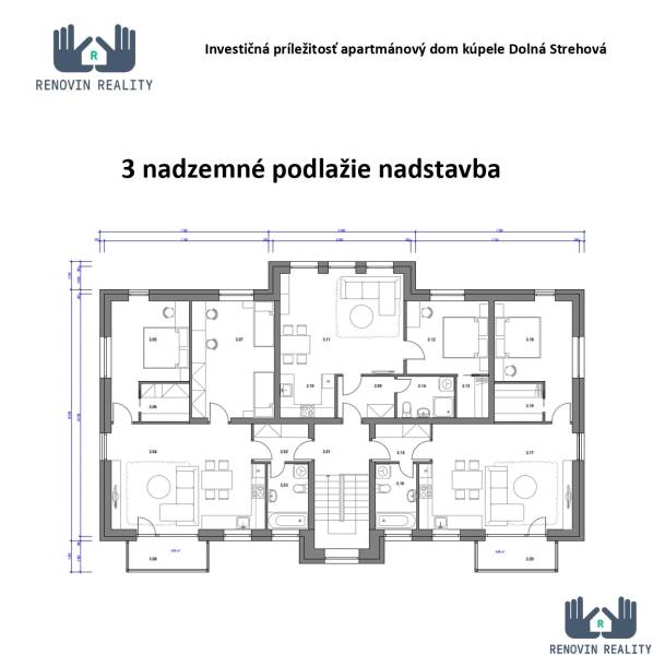 Floor plan of the third floor of an apartment building with rooms in hotels and guesthouses.