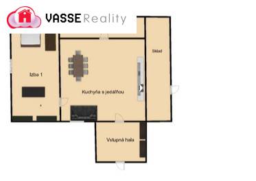 Floor plan of a family house with a kitchen, dining room, bedroom, and entrance hall.